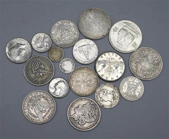 Silver dollars, including 1911 Trade, Fatman, Chinese Junk, 1907 Straits Settlement, 1880 and 1889 US and sundry coinage,